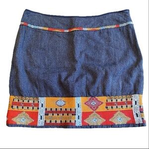 Peruvian Connection Denim Embroidered Skirt Boho Tribal Festival Artisan Sz 10